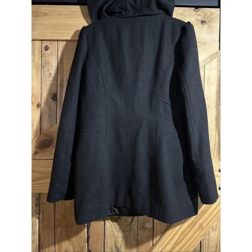 Guess Pea Coat womens Large Y2K Wool Blend Toggle Zipper Removable Hood Black